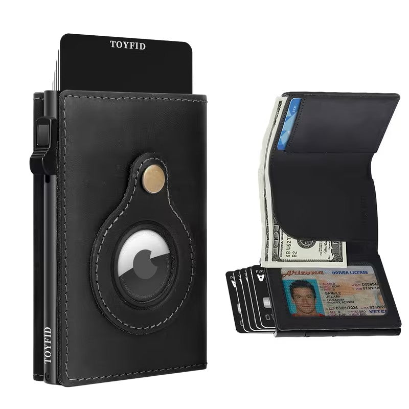 Portofel TOYFID din piele pentru bărbați, cu protecție RFID, slot AirTag, oglindă și fereastră ID