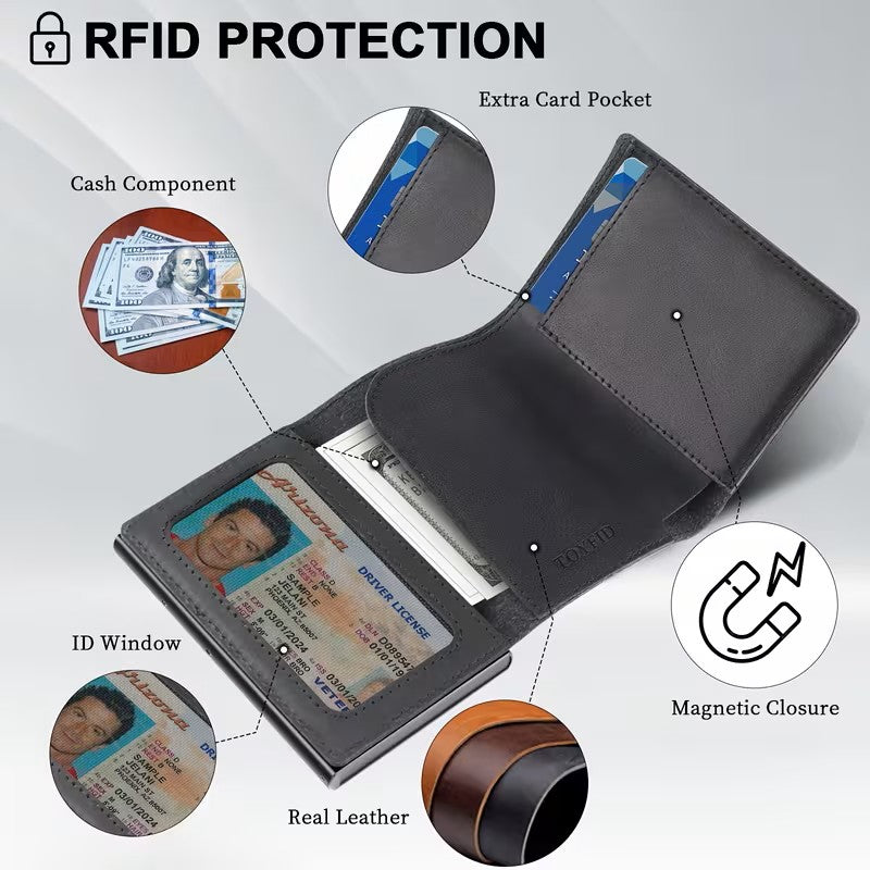 Portofel TOYFID din piele pentru bărbați, cu protecție RFID, slot AirTag, oglindă și fereastră ID