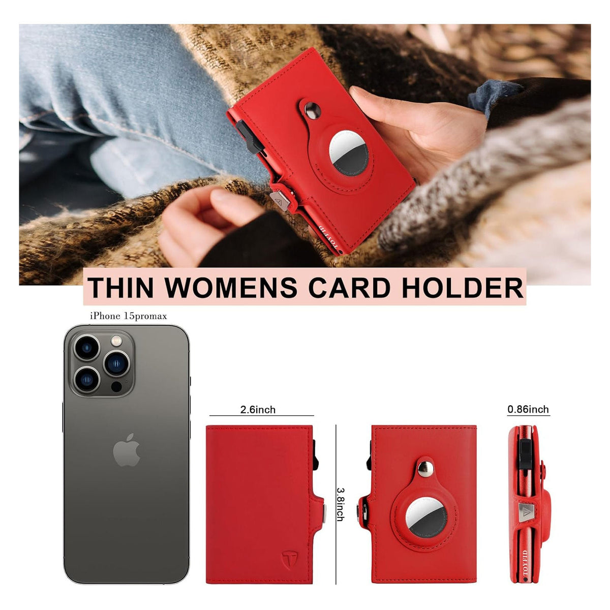Portofel pentru femei din piele naturală, cu suport AirTag, oglindă și sistem pop-up