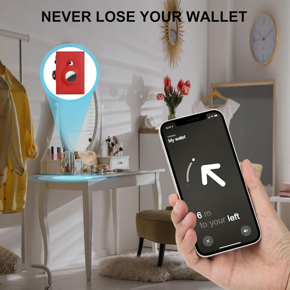 Portofel pentru femei din piele naturală, cu suport AirTag, oglindă și sistem pop-up