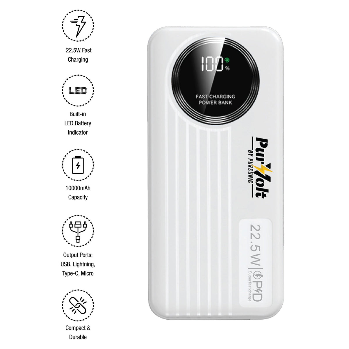 Baterie externă Pursonic 10.000mAh cu LED și încărcare rapidă – cabluri integrate, ieșire 22.5W, compatibilă Type-C/USB/Lightning