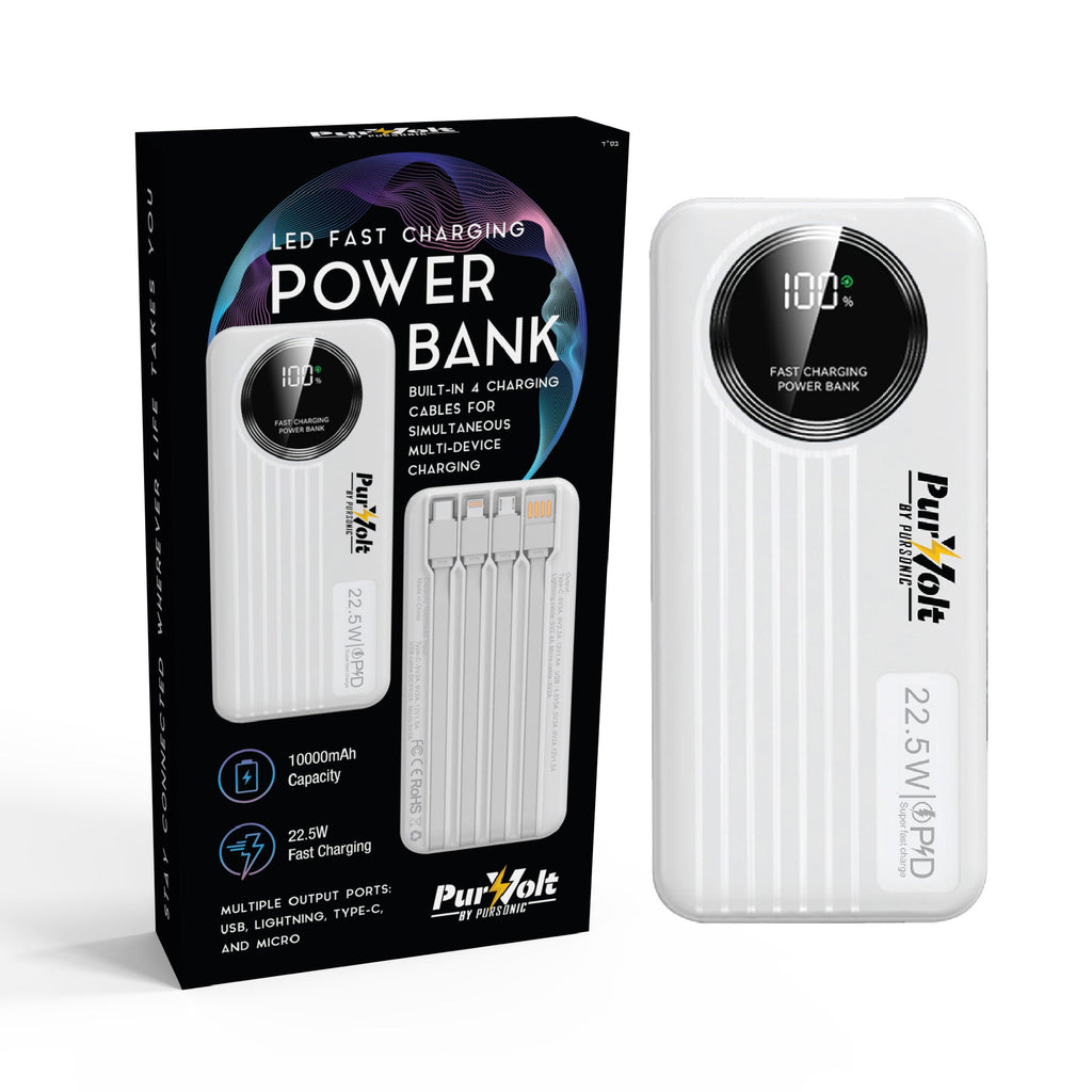Baterie externă Pursonic 10.000mAh cu LED și încărcare rapidă – cabluri integrate, ieșire 22.5W, compatibilă Type-C/USB/Lightning