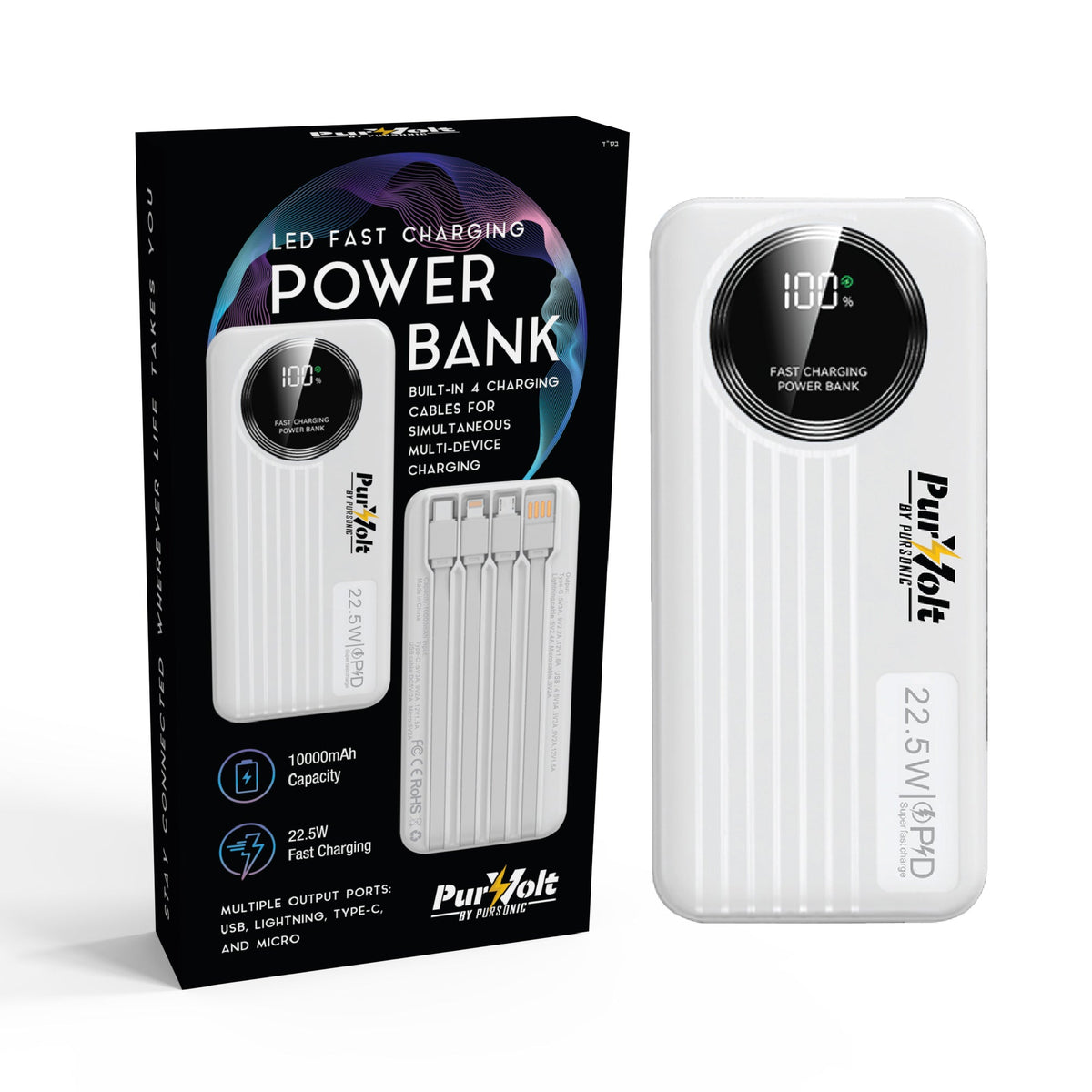 Baterie externă Pursonic 10.000mAh cu LED și încărcare rapidă – cabluri integrate, ieșire 22.5W, compatibilă Type-C/USB/Lightning