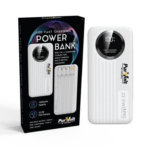 Baterie externă Pursonic 10.000mAh cu LED și încărcare rapidă – cabluri integrate, ieșire 22.5W, compatibilă Type-C/USB/Lightning