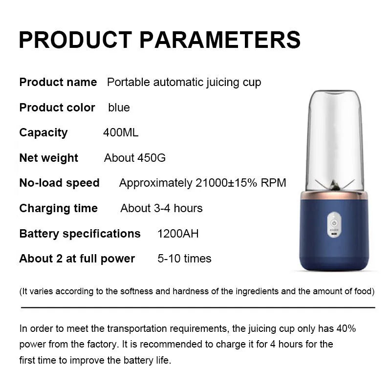 Blender portabil cu 6 lame – storcător USB wireless, reîncărcabil, 300ml