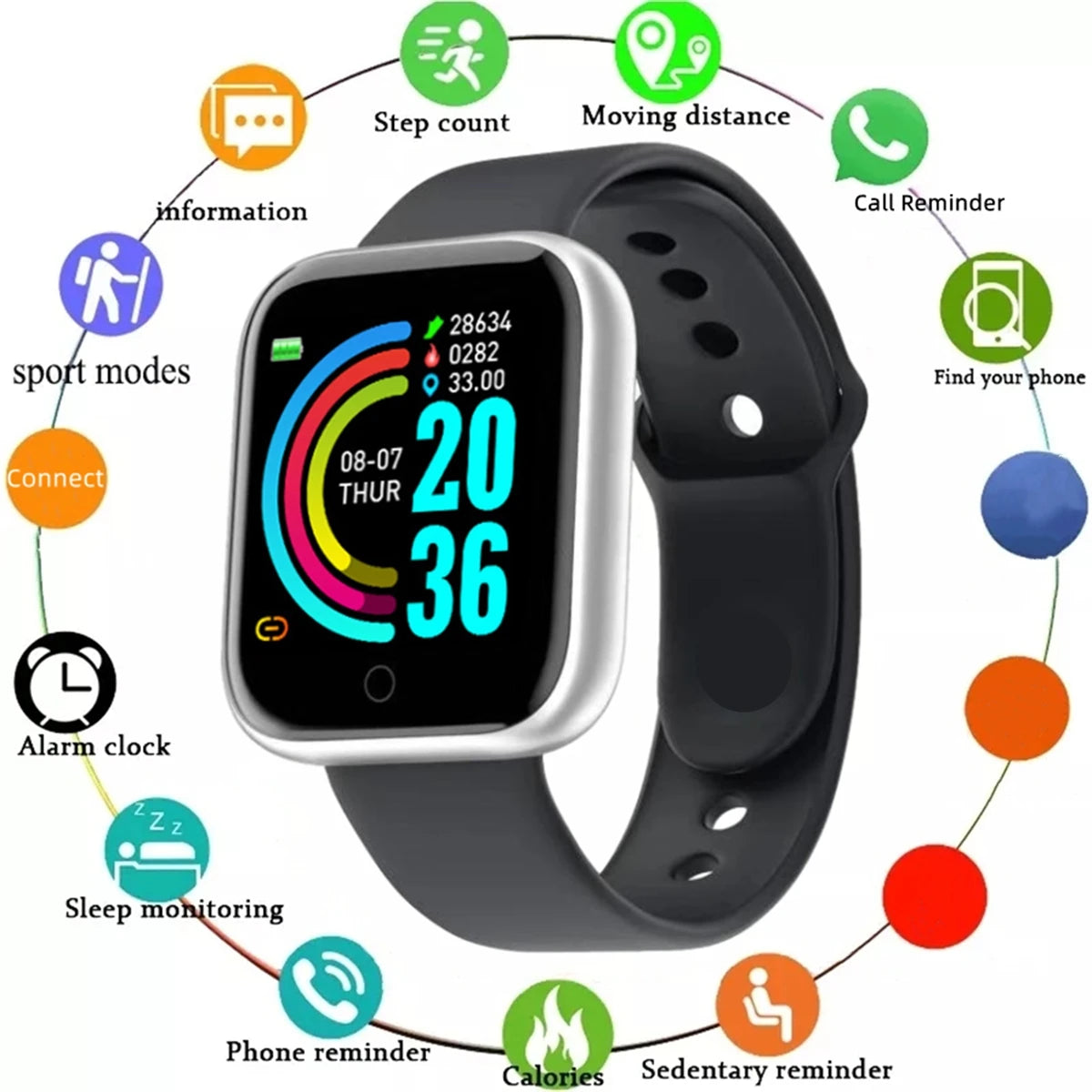Smartwatch pentru bărbați și femei – monitorizare fitness, notificări și alarmă, compatibil Android și iOS