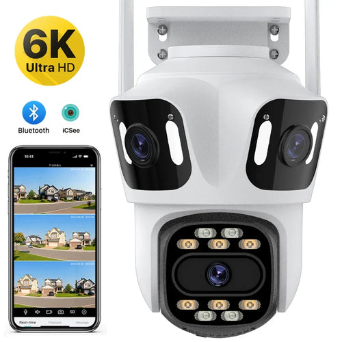 Cameră de supraveghere WiFi pentru exterior, cu trei obiective și rezoluție 6K HD